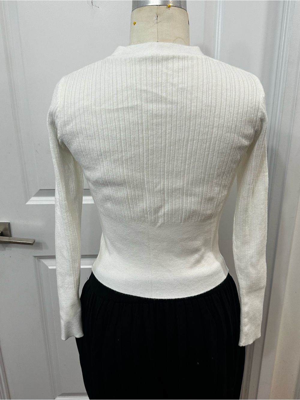 Cream Ribbed V-Neck Button Cardigan Sweater - Picture 3 of 4